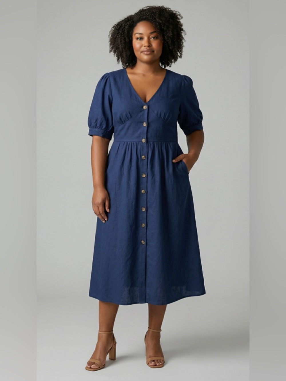 ✨City Chic Sunset Stroll Navy Blue Button-Front Linen Blend Midi Dress Size 16